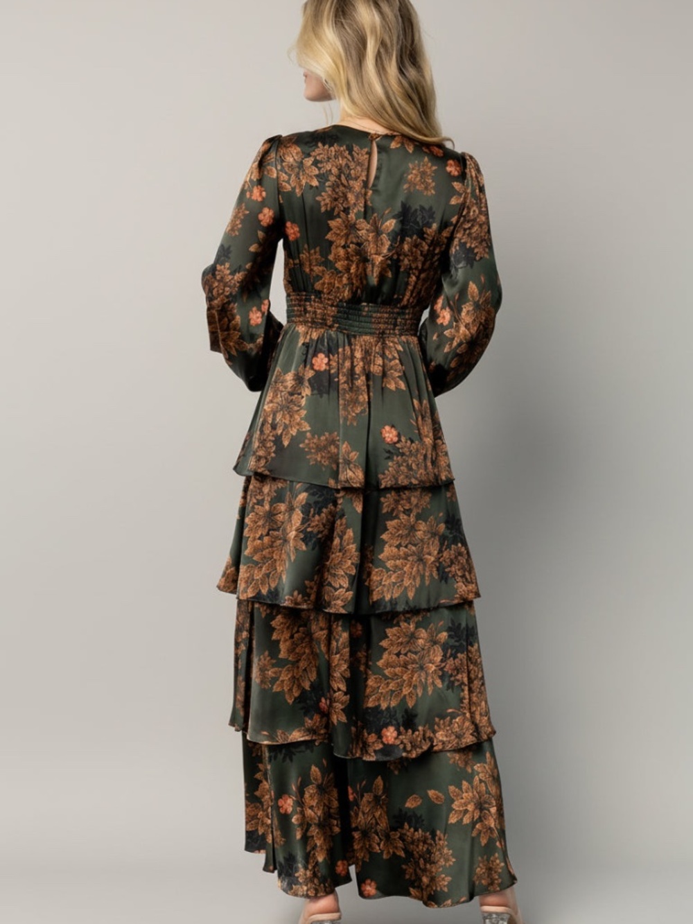 Baltic Born Montrouge Tiered Satin Dress | Olive Floral Size XLXL - Picture 4 of 5